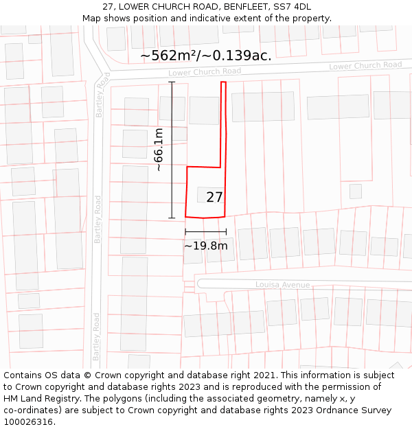 27, LOWER CHURCH ROAD, BENFLEET, SS7 4DL: Plot and title map