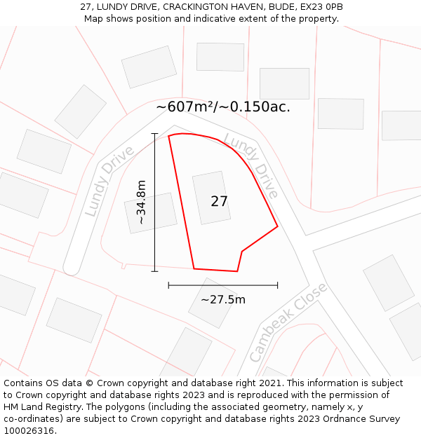 27, LUNDY DRIVE, CRACKINGTON HAVEN, BUDE, EX23 0PB: Plot and title map