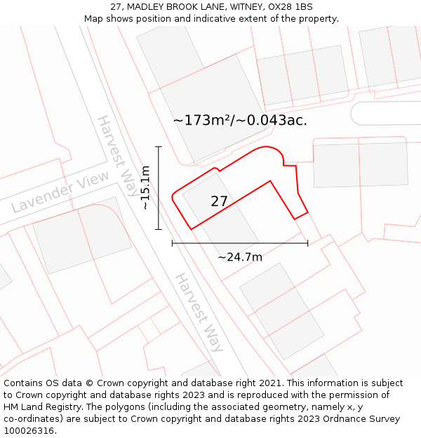 27, MADLEY BROOK LANE, WITNEY, OX28 1BS: Plot and title map