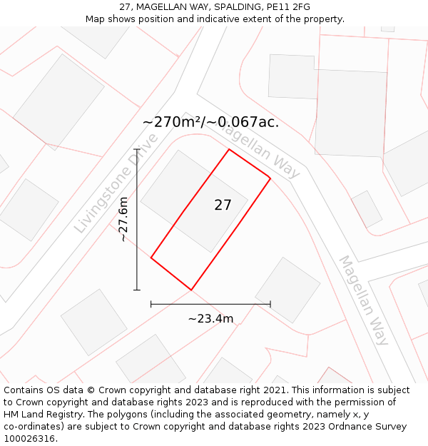 27, MAGELLAN WAY, SPALDING, PE11 2FG: Plot and title map