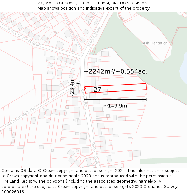 27, MALDON ROAD, GREAT TOTHAM, MALDON, CM9 8NL: Plot and title map