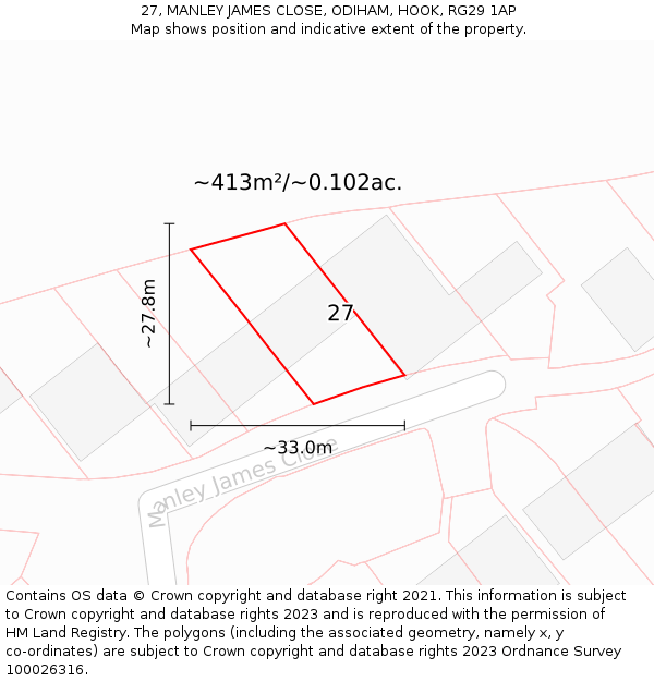 27, MANLEY JAMES CLOSE, ODIHAM, HOOK, RG29 1AP: Plot and title map