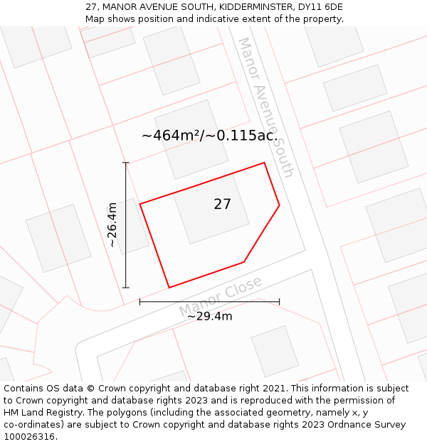 27, MANOR AVENUE SOUTH, KIDDERMINSTER, DY11 6DE: Plot and title map