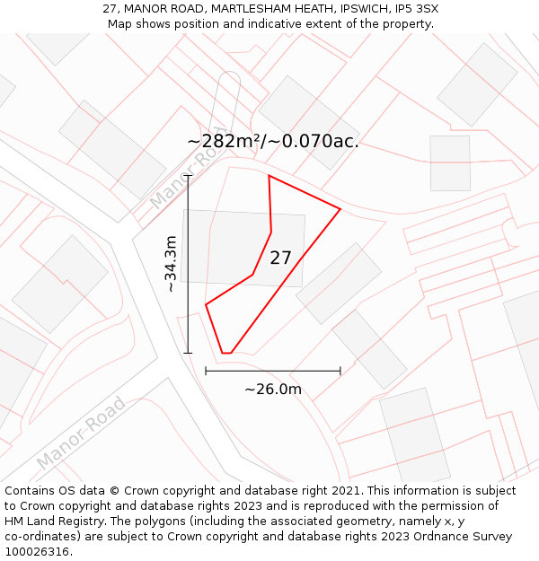 27, MANOR ROAD, MARTLESHAM HEATH, IPSWICH, IP5 3SX: Plot and title map