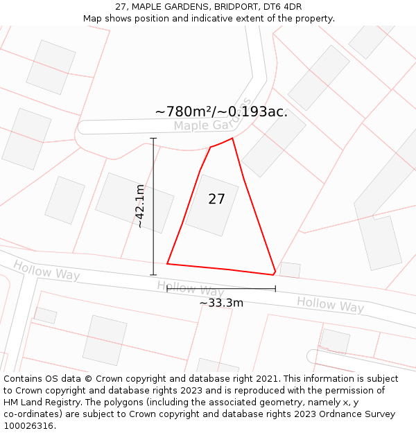 27, MAPLE GARDENS, BRIDPORT, DT6 4DR: Plot and title map