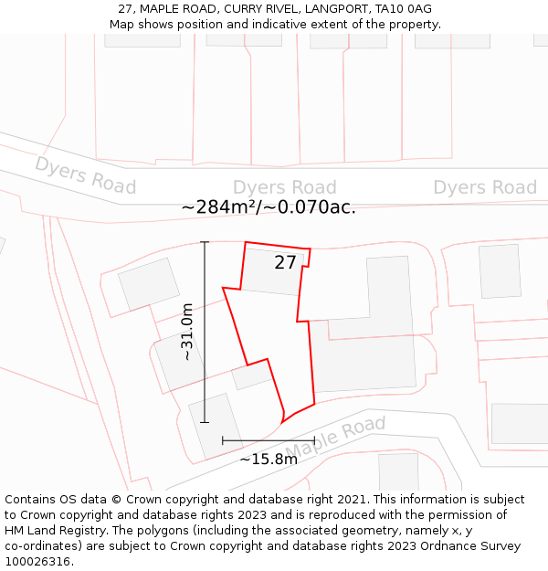 27, MAPLE ROAD, CURRY RIVEL, LANGPORT, TA10 0AG: Plot and title map