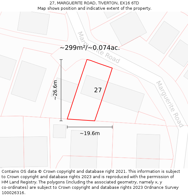 27, MARGUERITE ROAD, TIVERTON, EX16 6TD: Plot and title map