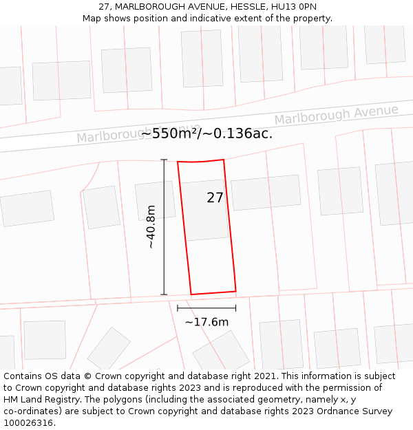 27, MARLBOROUGH AVENUE, HESSLE, HU13 0PN: Plot and title map