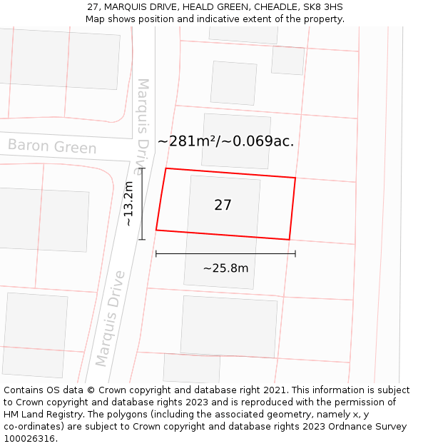 27, MARQUIS DRIVE, HEALD GREEN, CHEADLE, SK8 3HS: Plot and title map