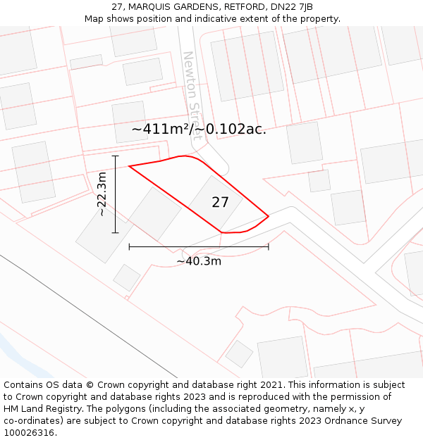 27, MARQUIS GARDENS, RETFORD, DN22 7JB: Plot and title map