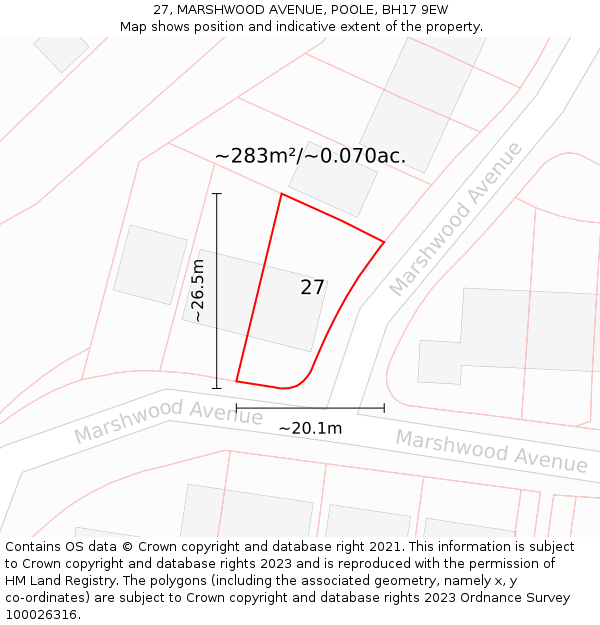 27, MARSHWOOD AVENUE, POOLE, BH17 9EW: Plot and title map