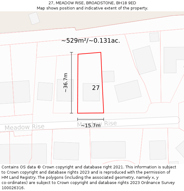 27, MEADOW RISE, BROADSTONE, BH18 9ED: Plot and title map