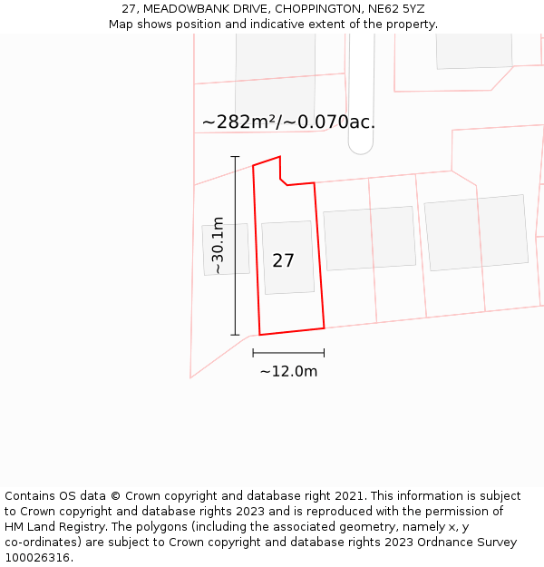 27, MEADOWBANK DRIVE, CHOPPINGTON, NE62 5YZ: Plot and title map