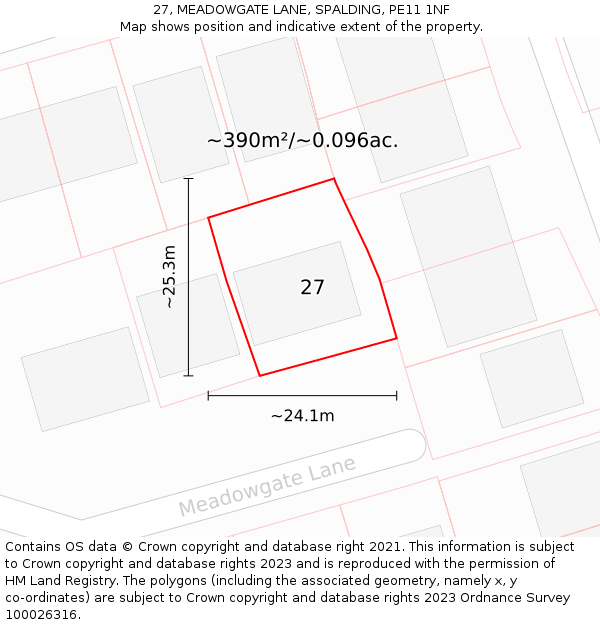 27, MEADOWGATE LANE, SPALDING, PE11 1NF: Plot and title map