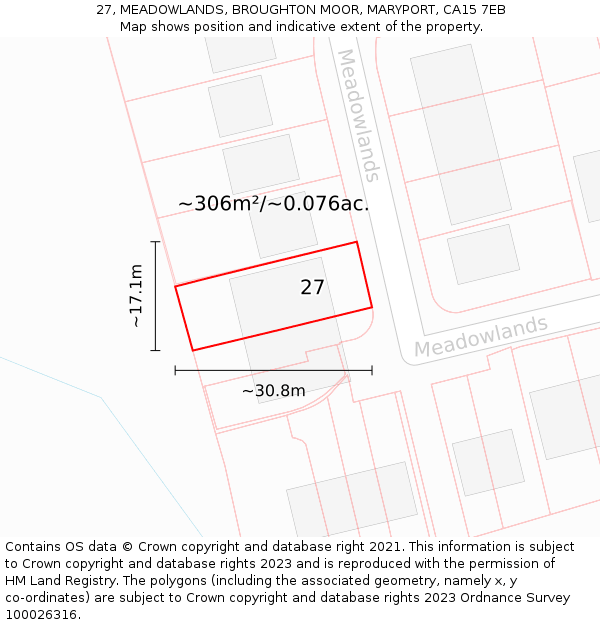 27, MEADOWLANDS, BROUGHTON MOOR, MARYPORT, CA15 7EB: Plot and title map