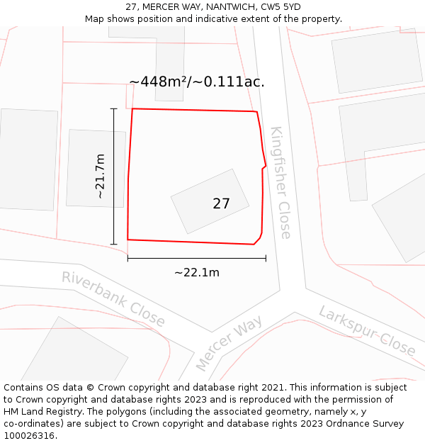 27, MERCER WAY, NANTWICH, CW5 5YD: Plot and title map