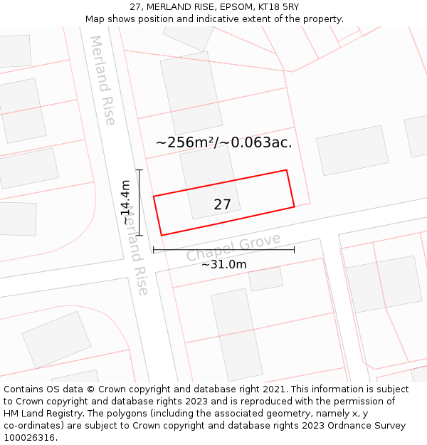 27, MERLAND RISE, EPSOM, KT18 5RY: Plot and title map