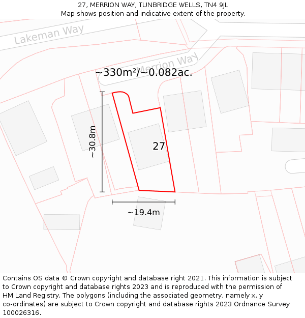 27, MERRION WAY, TUNBRIDGE WELLS, TN4 9JL: Plot and title map