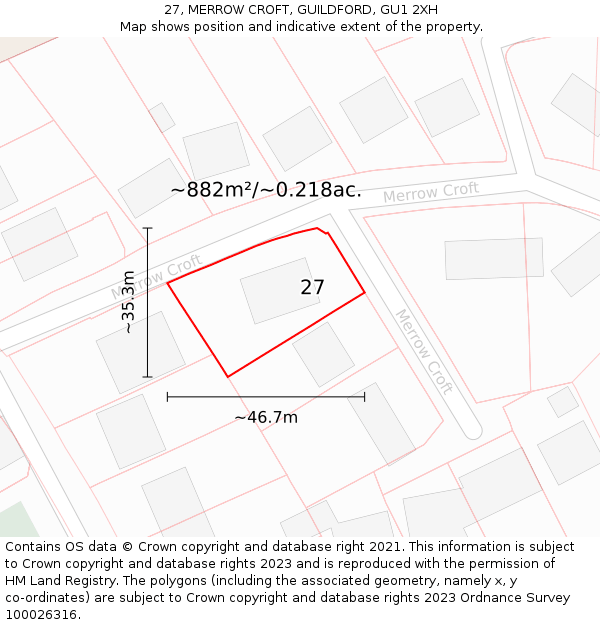 27, MERROW CROFT, GUILDFORD, GU1 2XH: Plot and title map