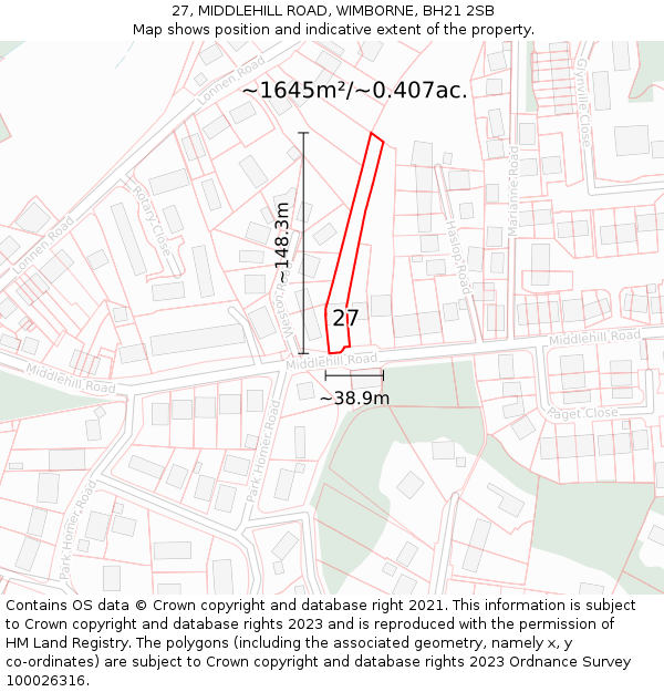 27, MIDDLEHILL ROAD, WIMBORNE, BH21 2SB: Plot and title map