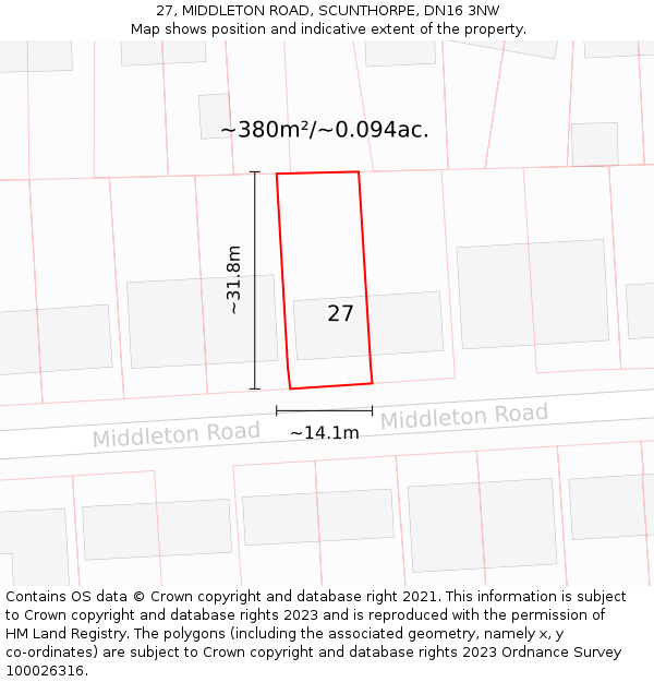 27, MIDDLETON ROAD, SCUNTHORPE, DN16 3NW: Plot and title map