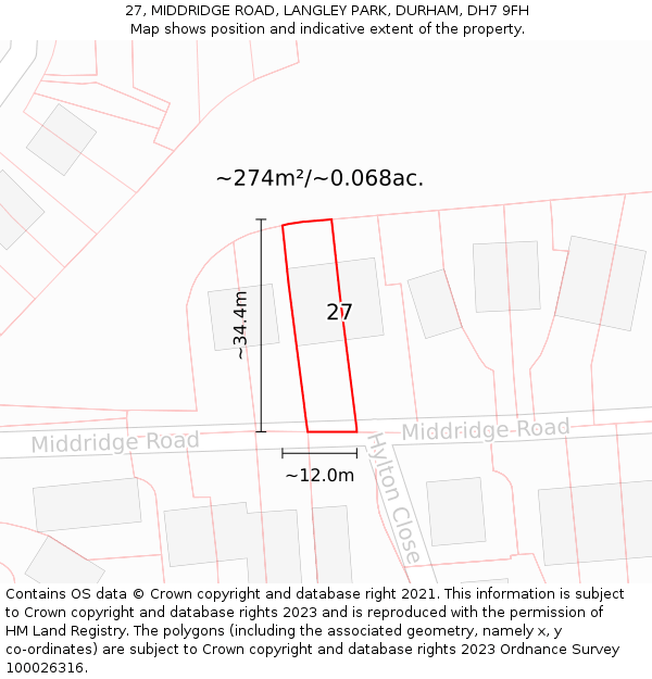 27, MIDDRIDGE ROAD, LANGLEY PARK, DURHAM, DH7 9FH: Plot and title map