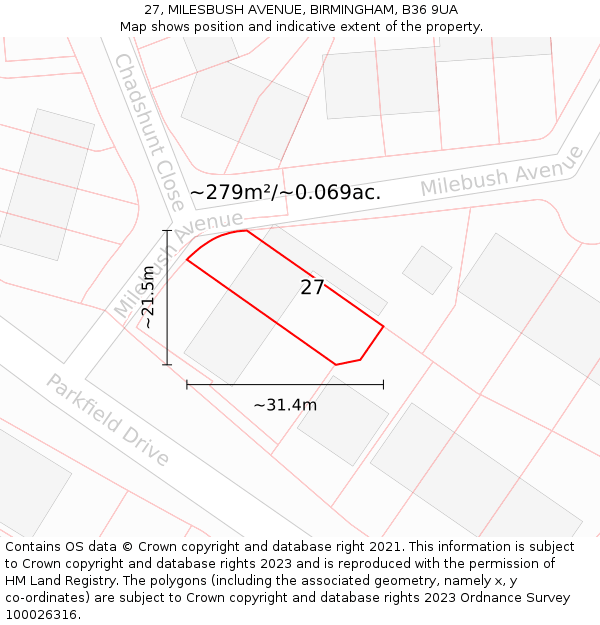 27, MILESBUSH AVENUE, BIRMINGHAM, B36 9UA: Plot and title map