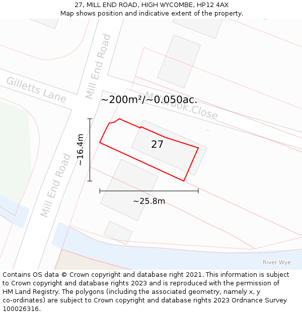 27, MILL END ROAD, HIGH WYCOMBE, HP12 4AX: Plot and title map