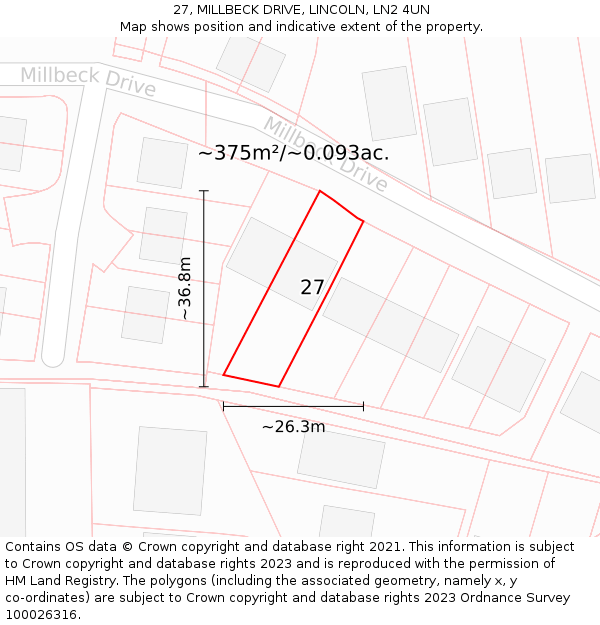 27, MILLBECK DRIVE, LINCOLN, LN2 4UN: Plot and title map