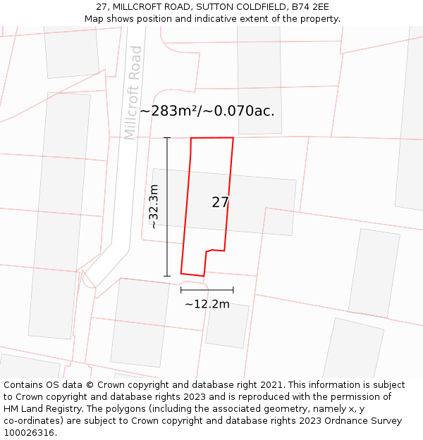 27, MILLCROFT ROAD, SUTTON COLDFIELD, B74 2EE: Plot and title map