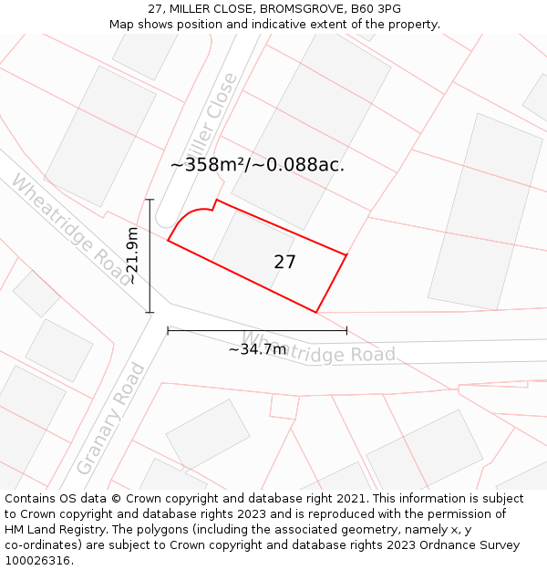 27, MILLER CLOSE, BROMSGROVE, B60 3PG: Plot and title map