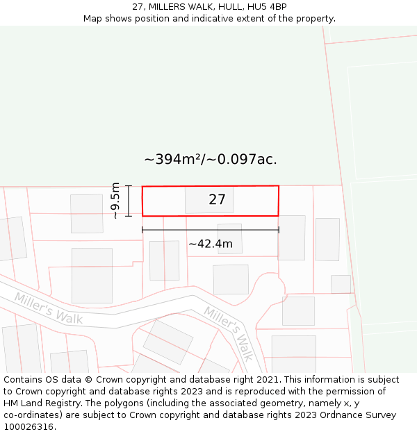 27, MILLERS WALK, HULL, HU5 4BP: Plot and title map