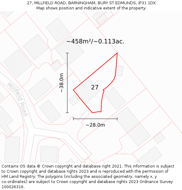 27, MILLFIELD ROAD, BARNINGHAM, BURY ST EDMUNDS, IP31 1DX: Plot and title map