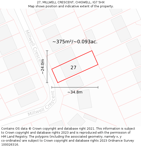 27, MILLWELL CRESCENT, CHIGWELL, IG7 5HX: Plot and title map