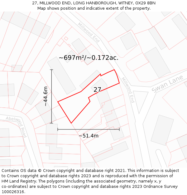 27, MILLWOOD END, LONG HANBOROUGH, WITNEY, OX29 8BN: Plot and title map