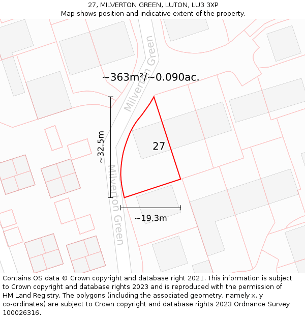 27, MILVERTON GREEN, LUTON, LU3 3XP: Plot and title map