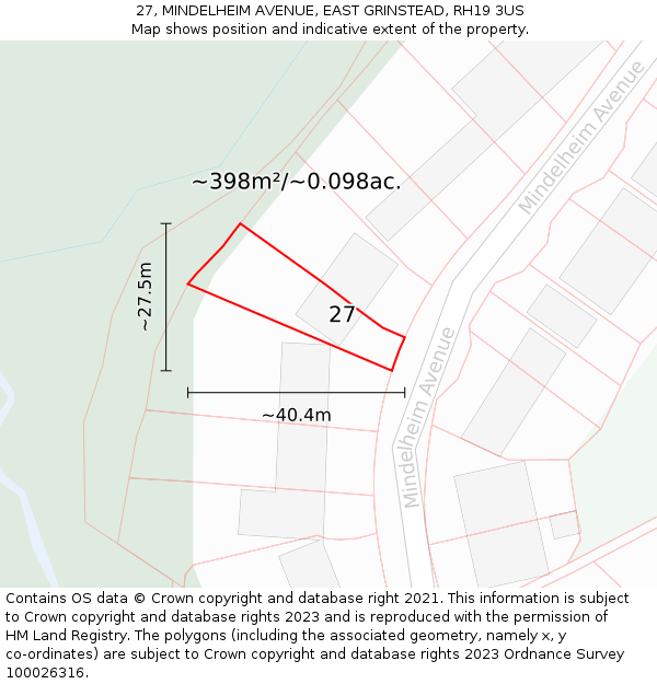 27, MINDELHEIM AVENUE, EAST GRINSTEAD, RH19 3US: Plot and title map