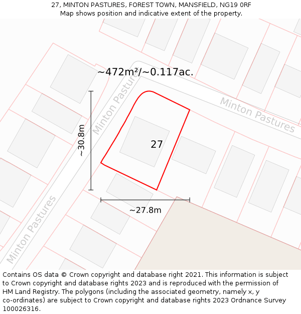 27, MINTON PASTURES, FOREST TOWN, MANSFIELD, NG19 0RF: Plot and title map