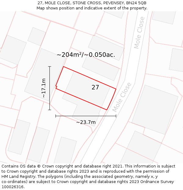 27, MOLE CLOSE, STONE CROSS, PEVENSEY, BN24 5QB: Plot and title map