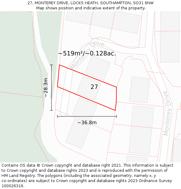 27, MONTEREY DRIVE, LOCKS HEATH, SOUTHAMPTON, SO31 6NW: Plot and title map