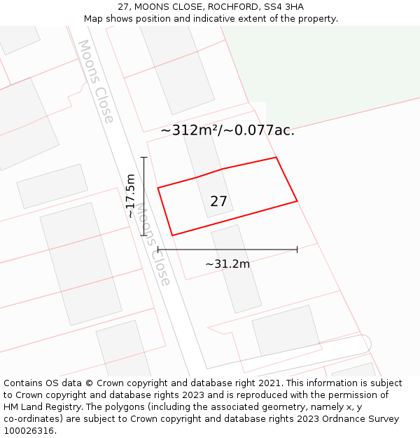 27, MOONS CLOSE, ROCHFORD, SS4 3HA: Plot and title map