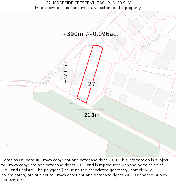 27, MOORSIDE CRESCENT, BACUP, OL13 9HY: Plot and title map