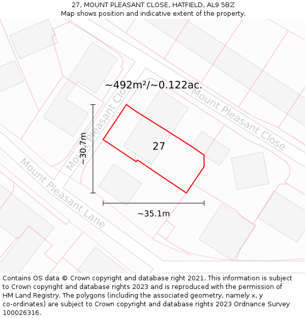 27, MOUNT PLEASANT CLOSE, HATFIELD, AL9 5BZ: Plot and title map