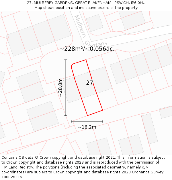 27, MULBERRY GARDENS, GREAT BLAKENHAM, IPSWICH, IP6 0HU: Plot and title map