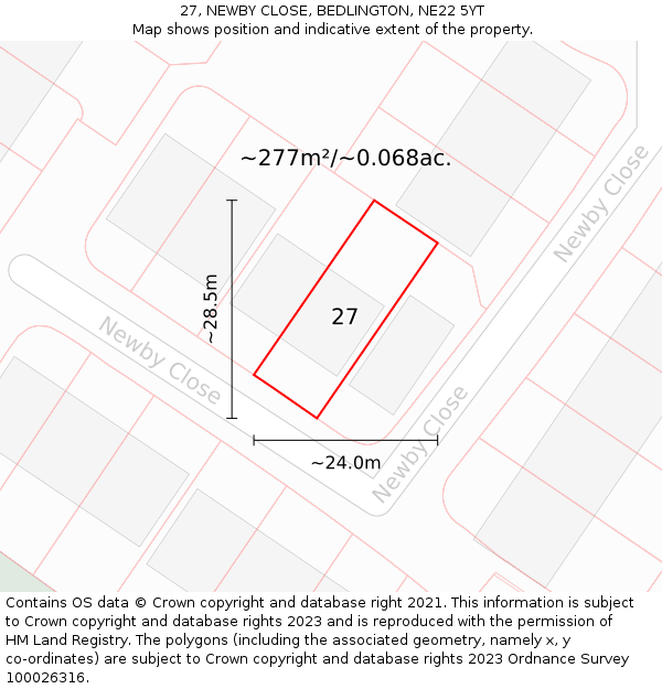 27, NEWBY CLOSE, BEDLINGTON, NE22 5YT: Plot and title map