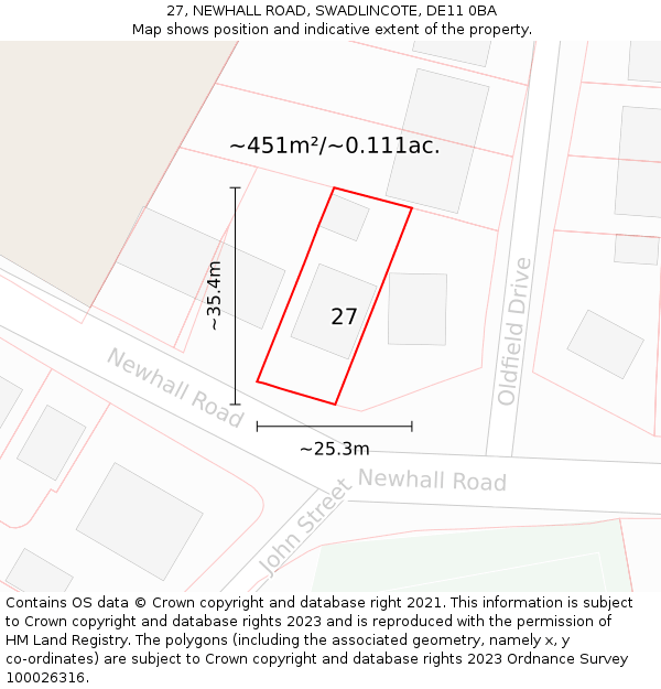 27, NEWHALL ROAD, SWADLINCOTE, DE11 0BA: Plot and title map