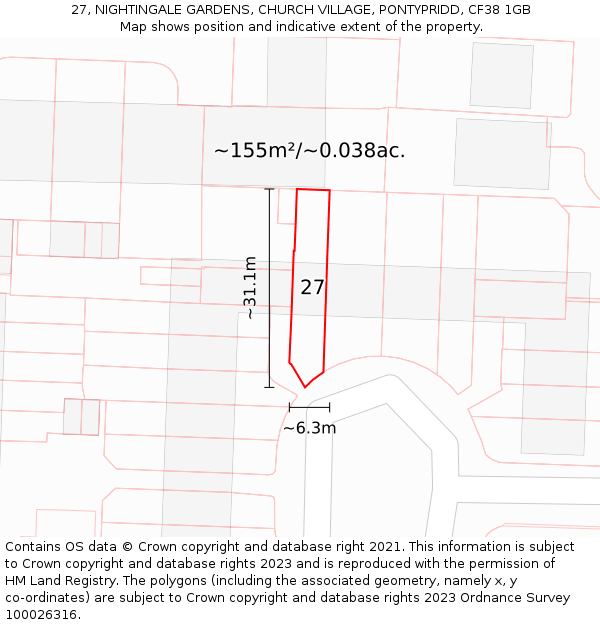27, NIGHTINGALE GARDENS, CHURCH VILLAGE, PONTYPRIDD, CF38 1GB: Plot and title map