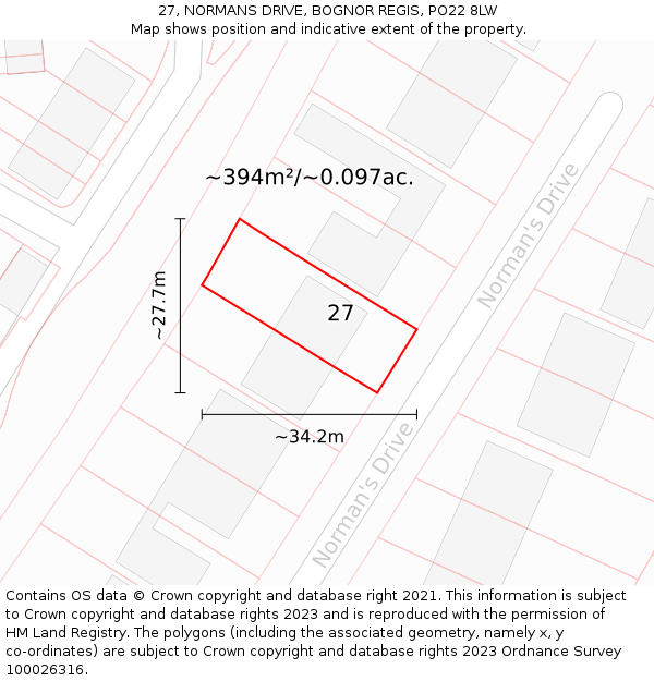 27, NORMANS DRIVE, BOGNOR REGIS, PO22 8LW: Plot and title map