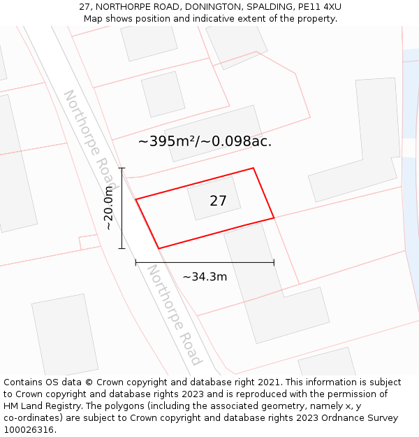 27, NORTHORPE ROAD, DONINGTON, SPALDING, PE11 4XU: Plot and title map