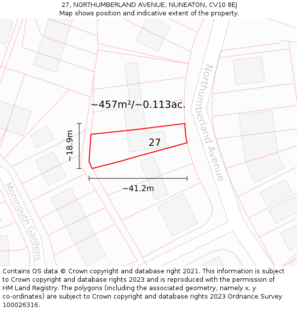 27, NORTHUMBERLAND AVENUE, NUNEATON, CV10 8EJ: Plot and title map